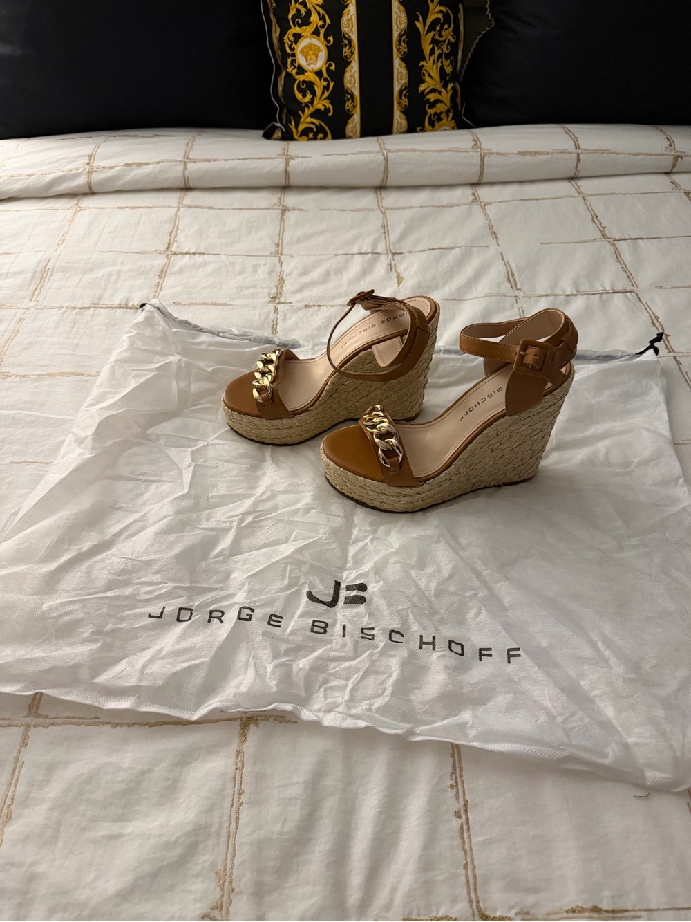 Tan Espadrille Wedge Sandals with Gold Chain Accent